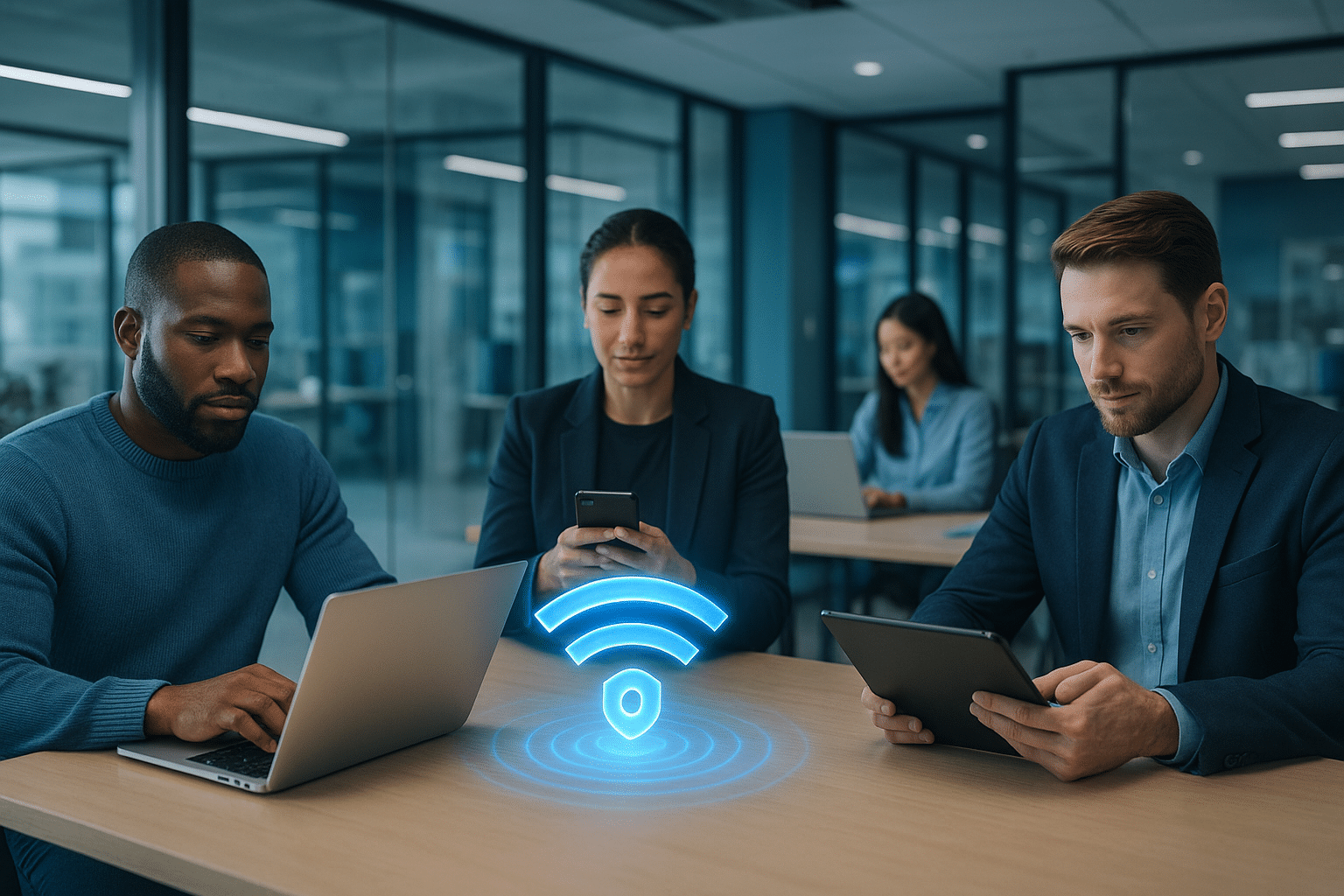Employés utilisant leurs appareils personnels connectés à un Wi-Fi professionnel sécurisé dans un bureau moderne – illustration du concept BYOD et de la cybersécurité en entreprise.